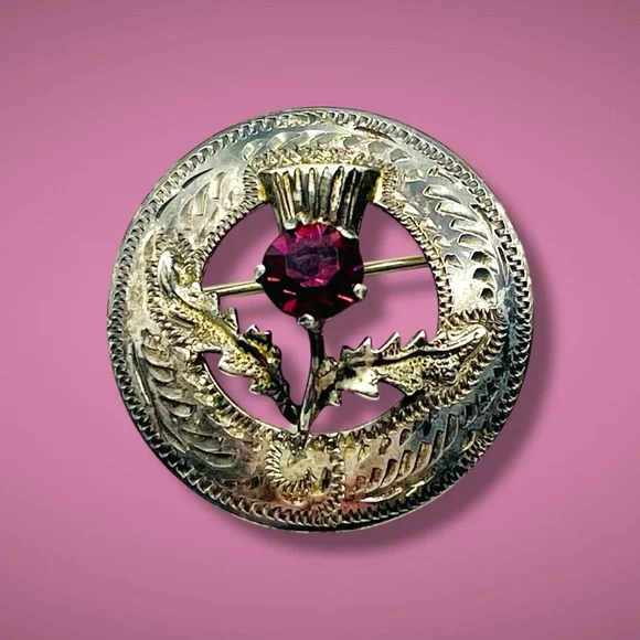 Dainty Vintage Sterling Silver and Amethyst Thistle Brooch - Picture 1 of 9